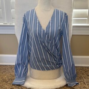 Theory Blue and White Striped Wrap Blouse